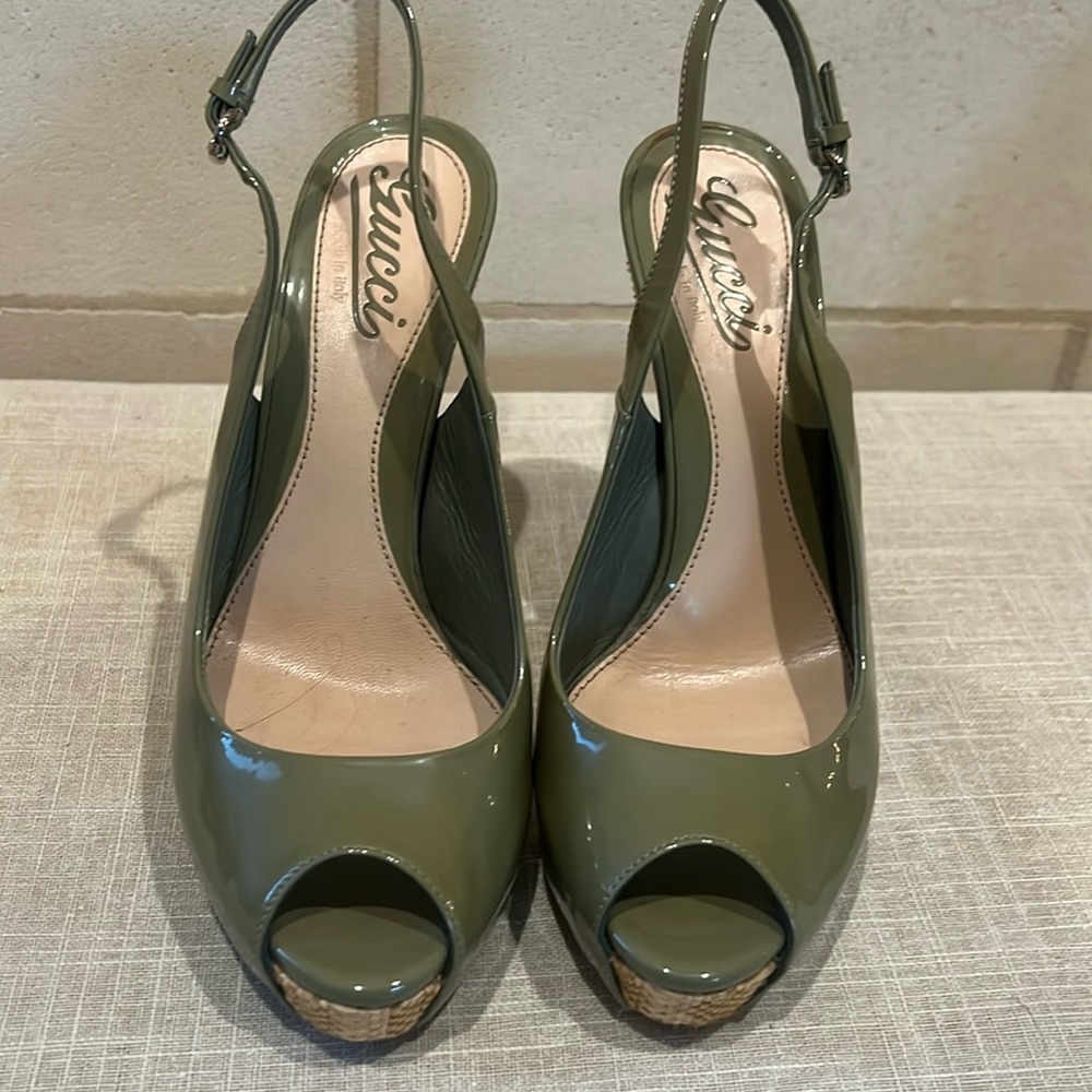 Gucci Olive Green Patent Leather Peep-Toe Slingback Heels – Size 36.5